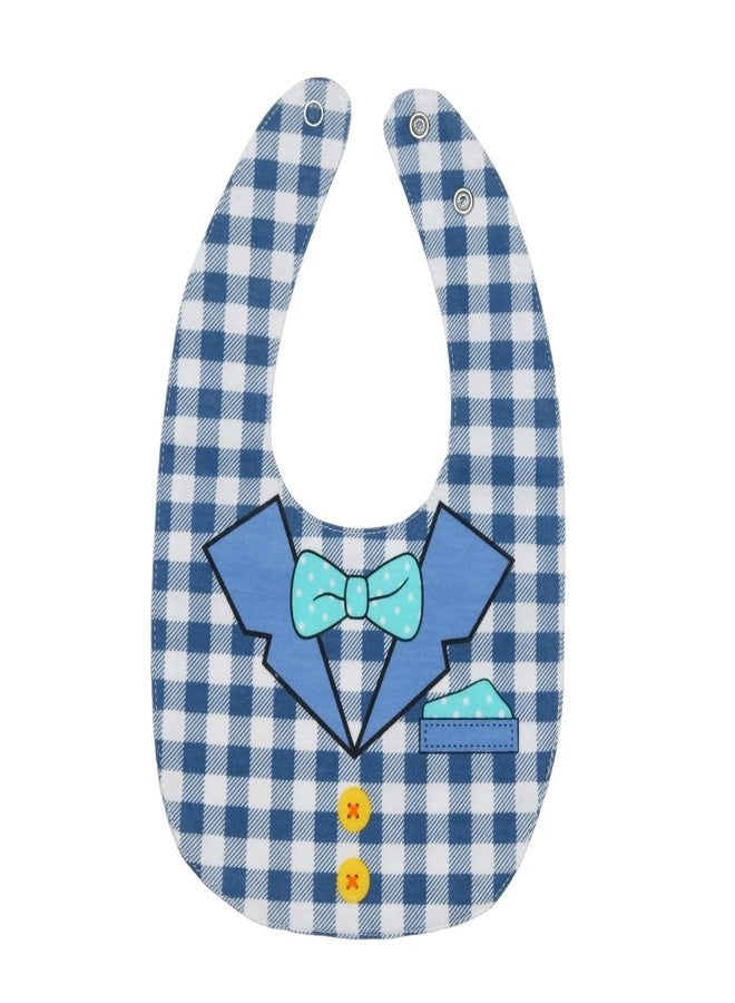 Yellow Bee Cotton Checks with Collar and Bow Print Reversible Bib with Double Closure and Button, Blue, 6-18 Months - Image 1