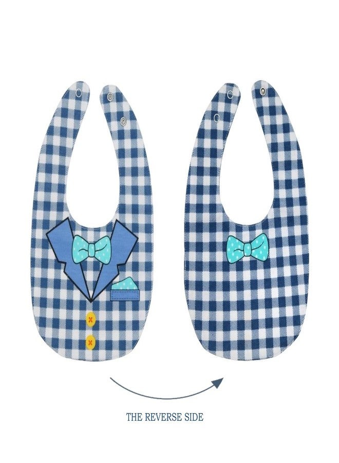 Yellow Bee Cotton Checks with Collar and Bow Print Reversible Bib with Double Closure and Button, Blue, 6-18 Months - Image 3