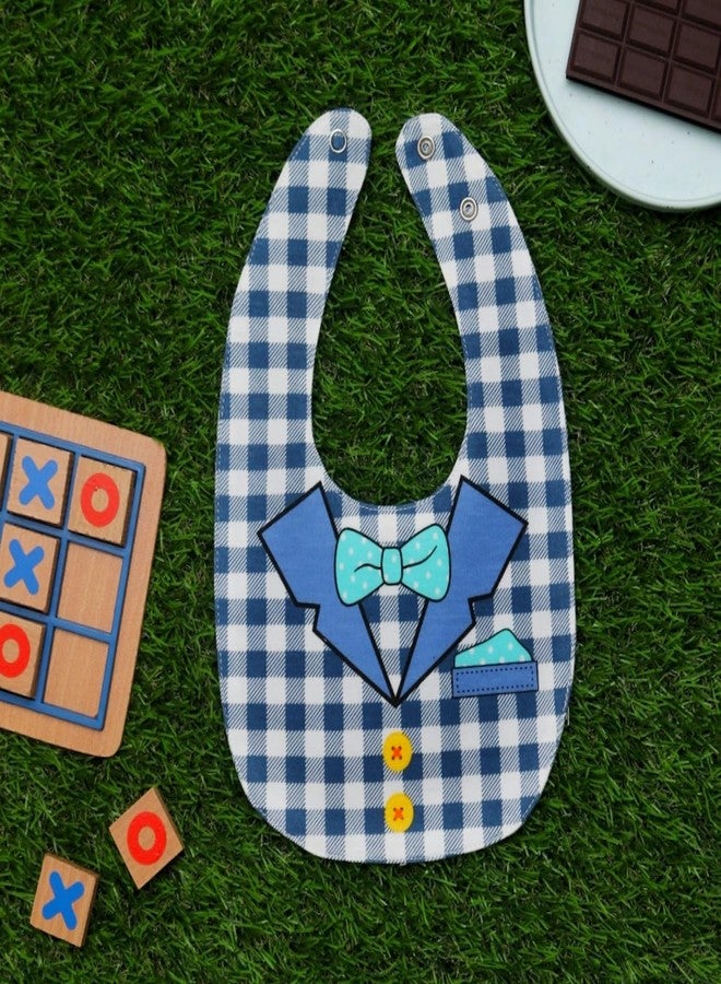 Yellow Bee Cotton Checks with Collar and Bow Print Reversible Bib with Double Closure and Button, Blue, 6-18 Months - Image 2