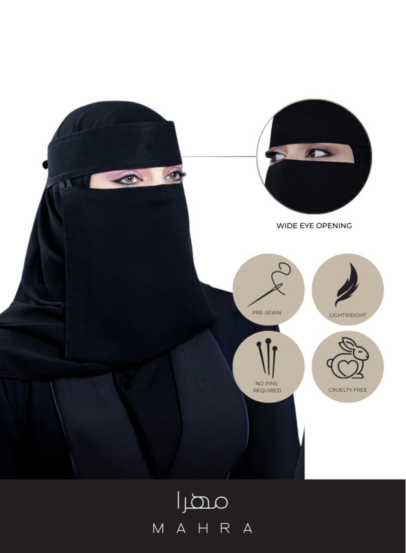 Saudi Niqab with Stiff Headband | Black | 12.5 x 12 Inches | Lightweight, Adjustable, Face Covering for Daily Use, Prayers, Travel, and Events | Modest Fashion Veil for Women - Image 2