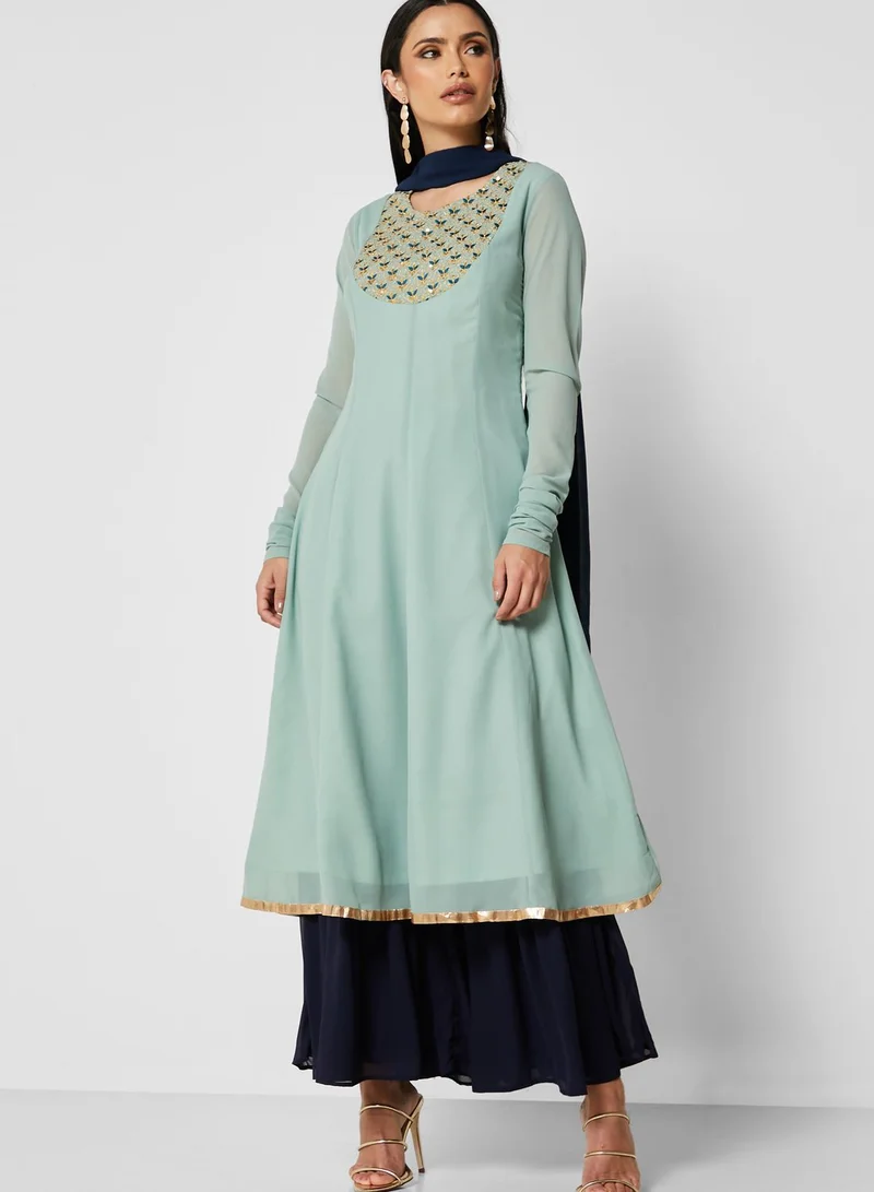 indya Green Embroidered Yoke Kalidar Tunic