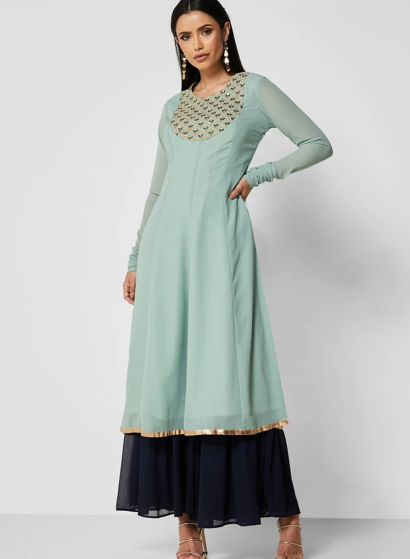 indya Green Embroidered Yoke Kalidar Tunic