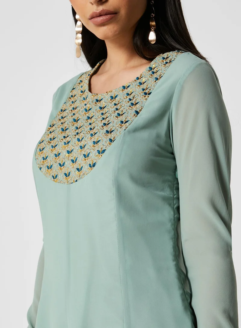 indya Green Embroidered Yoke Kalidar Tunic