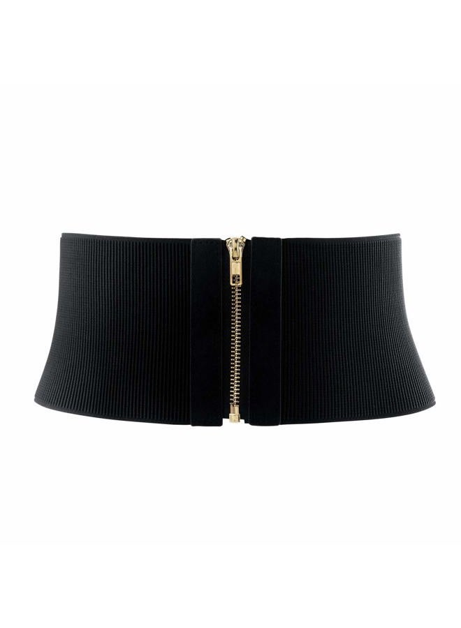 FALETO Wide Elastic Waist Belt for Women Black Stretch Cinch Waistband Belts Vintage Womens Chunky Belt with Zipper for Dress, Black, Fit Waist 31" to 34.6" - Image 1