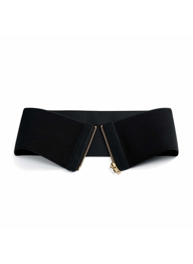 FALETO Wide Elastic Waist Belt for Women Black Stretch Cinch Waistband Belts Vintage Womens Chunky Belt with Zipper for Dress, Black, Fit Waist 31" to 34.6" - Image 3