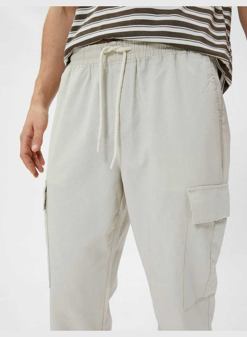 KOTON Linen Blend Cargo Trousers Pockets Drawstring