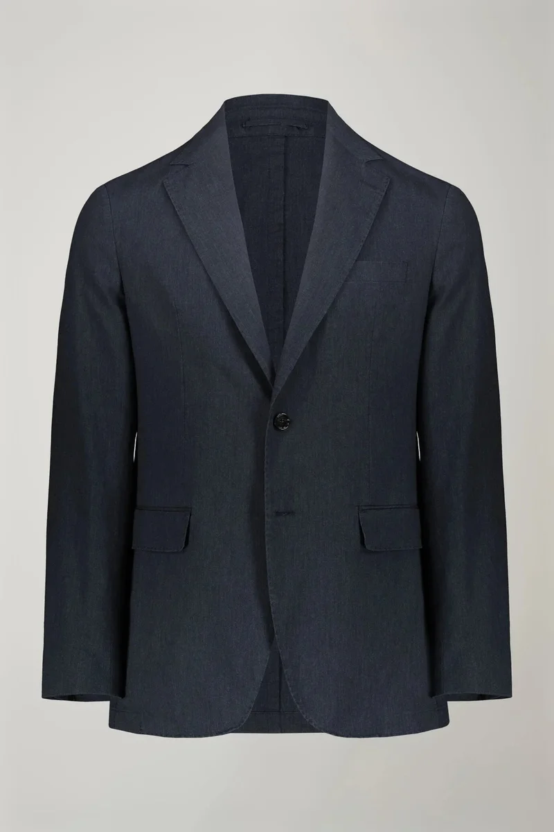 دوبل غانغر Men's unlined single-breasted blazer with flap pockets in flamed effect fabric regular fit - DK Blue