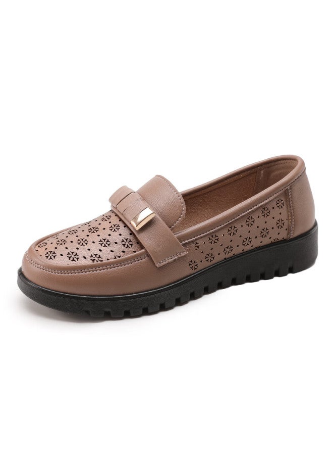 Pull Back Warrior Mom Shoes Middle-aged Sandals Summer Soft-soled Elderly Women's Leather Shoes Single Shoes Non-slip 50-60 Years Old 0062 Bean Paste Color Size 39 - Image 3