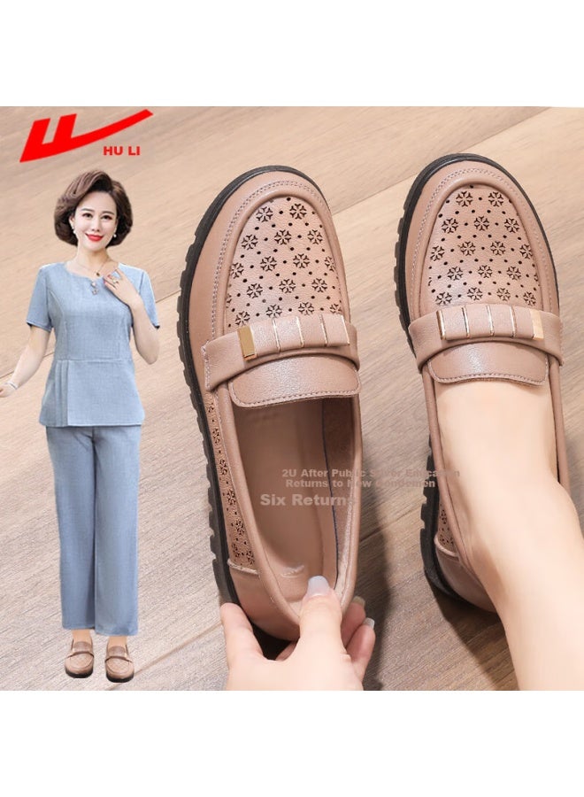 Pull Back Warrior Mom Shoes Middle-aged Sandals Summer Soft-soled Elderly Women's Leather Shoes Single Shoes Non-slip 50-60 Years Old 0062 Bean Paste Color Size 39 - Image 1