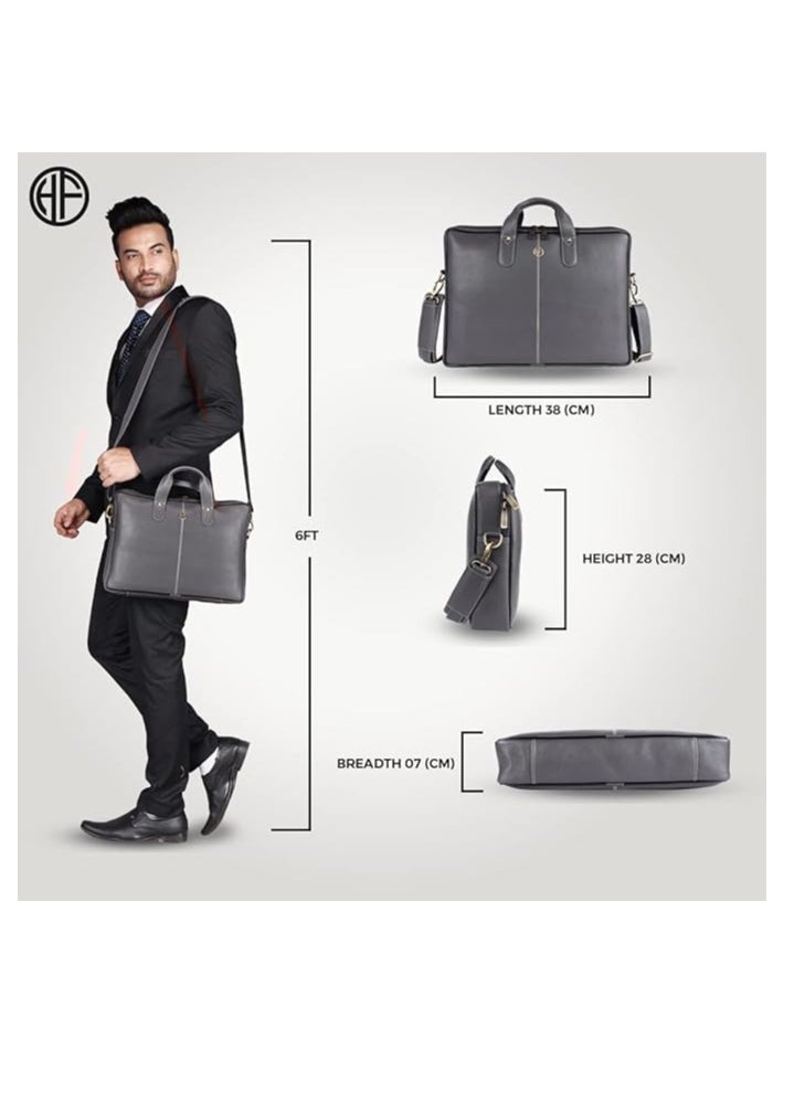 HAMMONDS FLYCATCHER Leather Office Bag for Men - Laptop Bag for Men - Padded Laptop Compartment - Fits 14 Inch Laptop - Adjustable Strap | LB105_GRY | YKWP  - Image 5