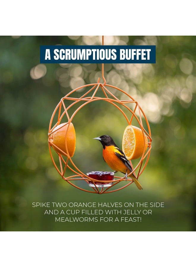 MEKKAPRO Sun Baltimore Oriole Feeder for Outdoors, Jelly and Orange Metal Bird Feeder, Unique Sun Design and Bright Color, Open Top Hook, UV-resistant Powder-coated Steel - Image 3