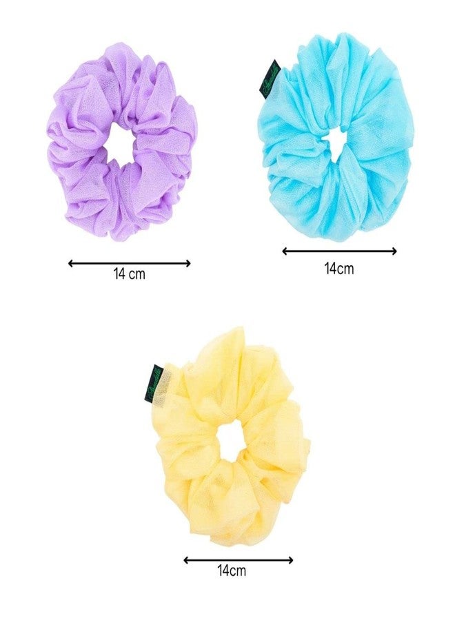 ARENDELLE Pack of 3 Shinny Organza Large Scrunchies in Pastel Blue, Pink and Yellow - Image 3