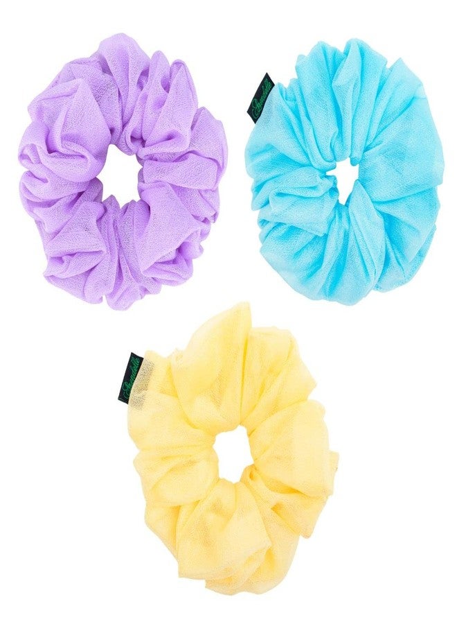 ARENDELLE Pack of 3 Shinny Organza Large Scrunchies in Pastel Blue, Pink and Yellow - Image 1