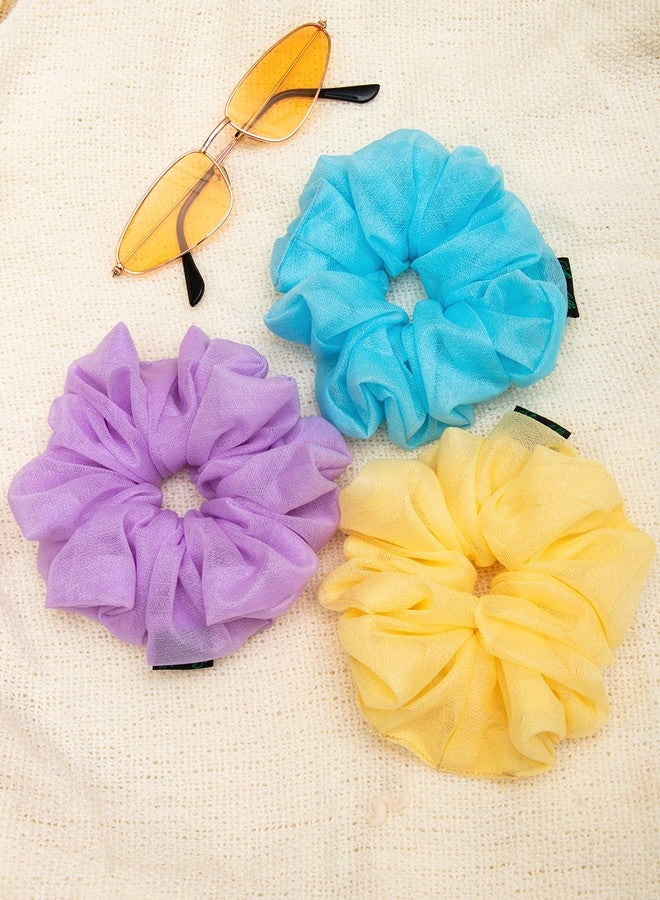 ARENDELLE Pack of 3 Shinny Organza Large Scrunchies in Pastel Blue, Pink and Yellow - Image 4