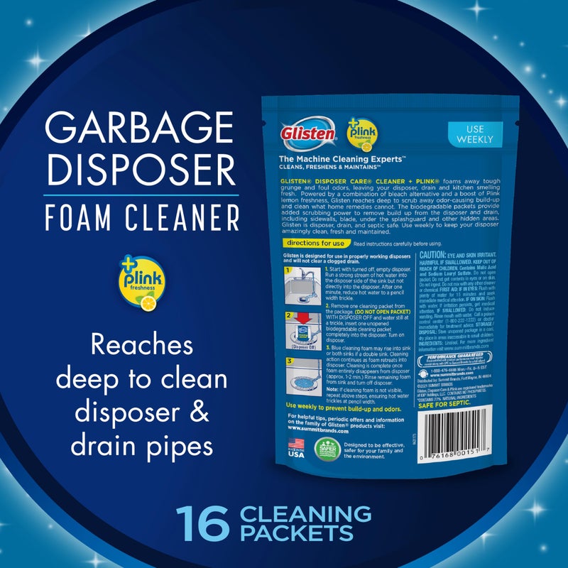 Glisten Garbage Disposer Cleaner and Freshener with Foaming Action, Helps Remove Buildup in Drains, Lemon Scent, 16 Packets - Image 2