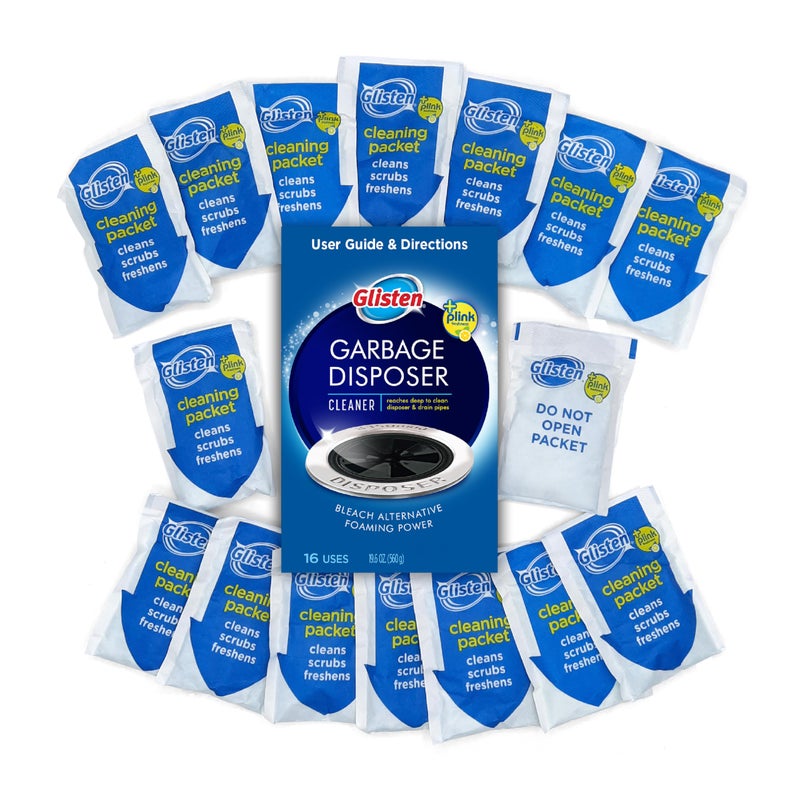 Glisten Garbage Disposer Cleaner and Freshener with Foaming Action, Helps Remove Buildup in Drains, Lemon Scent, 16 Packets - Image 1