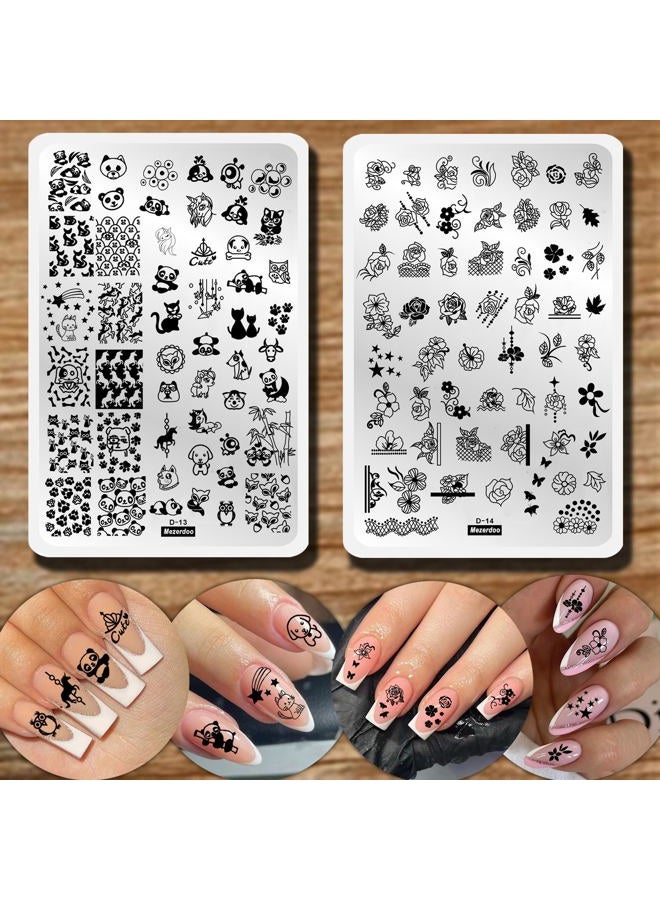 Mezerdoo 2pcs Floral Animal Unicorn Series Nail Stamping Template - Plants, Cute Cat Panda Fox Manicure Nail Art Image Plate - Flowers, Print Stencil - Image 1