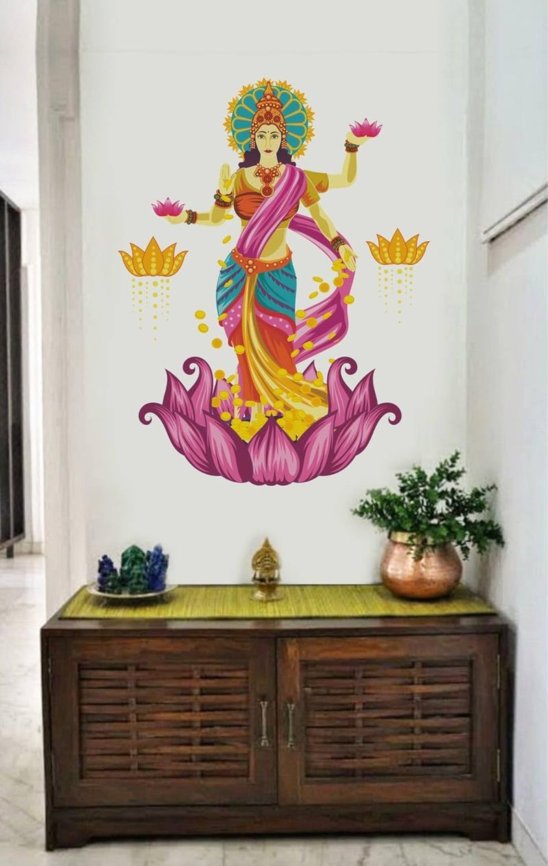 Rawpockets Rawpockets Decals Goddess Lakshmi on Lotus Flower Blessing Gold Large Size Wall Sticker Wall Coverage Area Height 95 cms X Width 75 cmsPack of 1  - Image 2