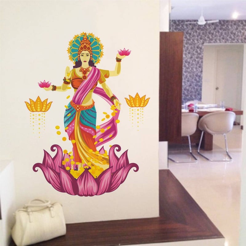 Rawpockets Rawpockets Decals Goddess Lakshmi on Lotus Flower Blessing Gold Large Size Wall Sticker Wall Coverage Area Height 95 cms X Width 75 cmsPack of 1  - Image 1