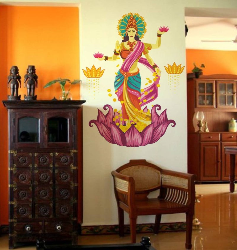 Rawpockets Rawpockets Decals Goddess Lakshmi on Lotus Flower Blessing Gold Large Size Wall Sticker Wall Coverage Area Height 95 cms X Width 75 cmsPack of 1  - Image 3