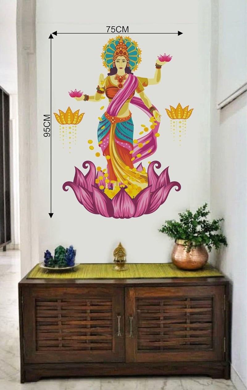 Rawpockets Rawpockets Decals Goddess Lakshmi on Lotus Flower Blessing Gold Large Size Wall Sticker Wall Coverage Area Height 95 cms X Width 75 cmsPack of 1  - Image 4