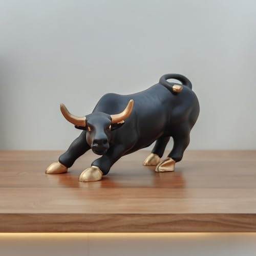 SkyKey Stock Market Bull 4" Home Décor Geometric Handicrafts Statue Resin Showpiece for Living Room Symbol of Wealth & Success Figurine for Gift, Home, Bedroom, Office Desk, Matte Finish Black-Gold - Image 2