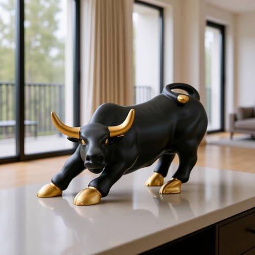 SkyKey Stock Market Bull 4" Home Décor Geometric Handicrafts Statue Resin Showpiece for Living Room Symbol of Wealth & Success Figurine for Gift, Home, Bedroom, Office Desk, Matte Finish Black-Gold - Image 1