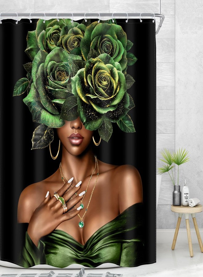 MESHELLY African American Shower Curtain 60Wx72H Black Lady Girl Afro Woman Green Gold Rose Floral Bathroom Curtain Peony Flower Pretty Bath Curtain Bathroom Accessories Decor with 12 Hook - Image 3