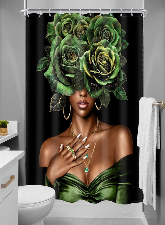 MESHELLY African American Shower Curtain 60Wx72H Black Lady Girl Afro Woman Green Gold Rose Floral Bathroom Curtain Peony Flower Pretty Bath Curtain Bathroom Accessories Decor with 12 Hook - Image 4
