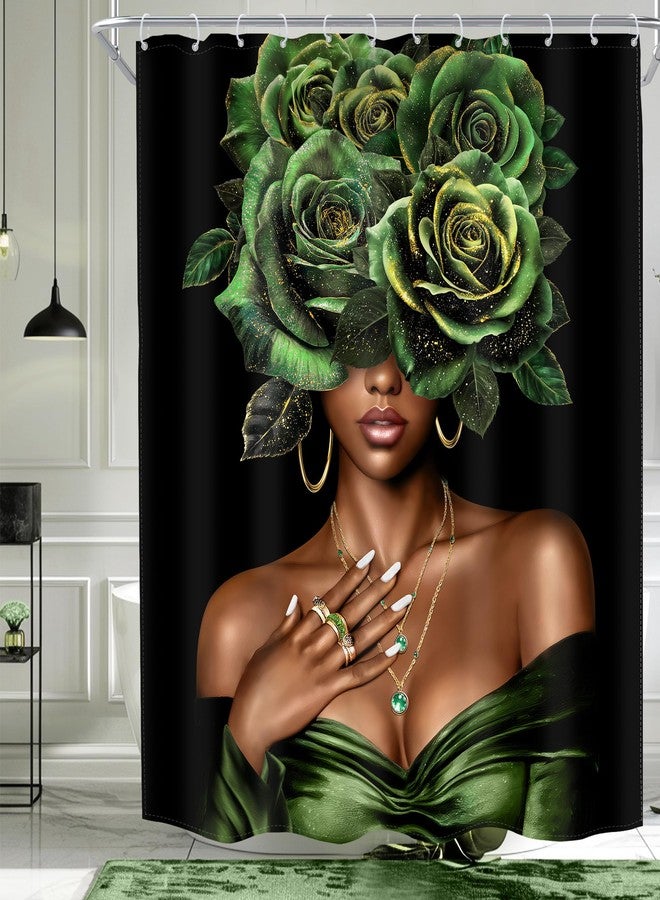 MESHELLY African American Shower Curtain 60Wx72H Black Lady Girl Afro Woman Green Gold Rose Floral Bathroom Curtain Peony Flower Pretty Bath Curtain Bathroom Accessories Decor with 12 Hook - Image 1