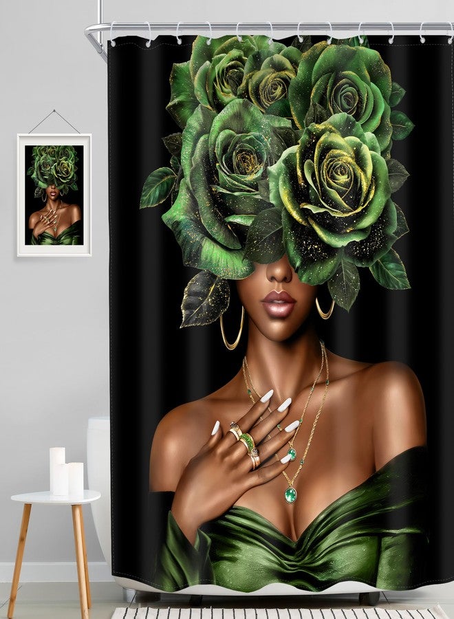 MESHELLY African American Shower Curtain 60Wx72H Black Lady Girl Afro Woman Green Gold Rose Floral Bathroom Curtain Peony Flower Pretty Bath Curtain Bathroom Accessories Decor with 12 Hook - Image 2