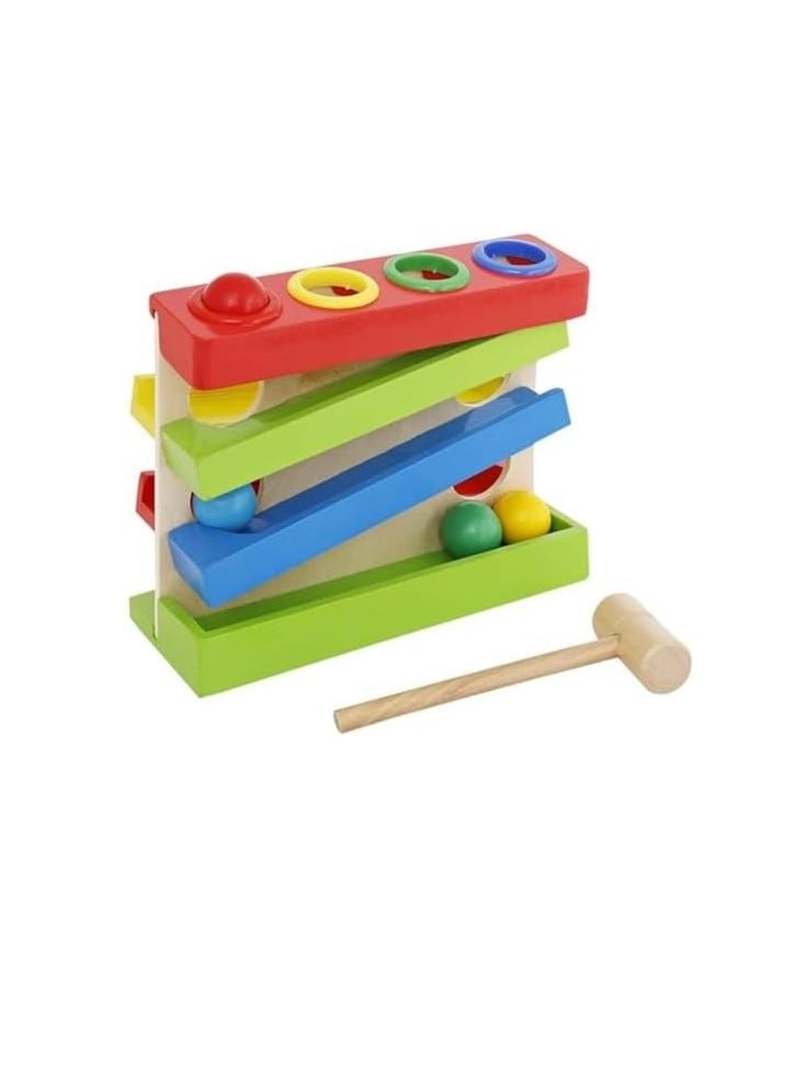 Four Play Station Wooden Four-Layer Sliding Design with 4 Balls and Hammer Rolling Ball Drop Early Development Exercise for Babies Toddlers - Image 1