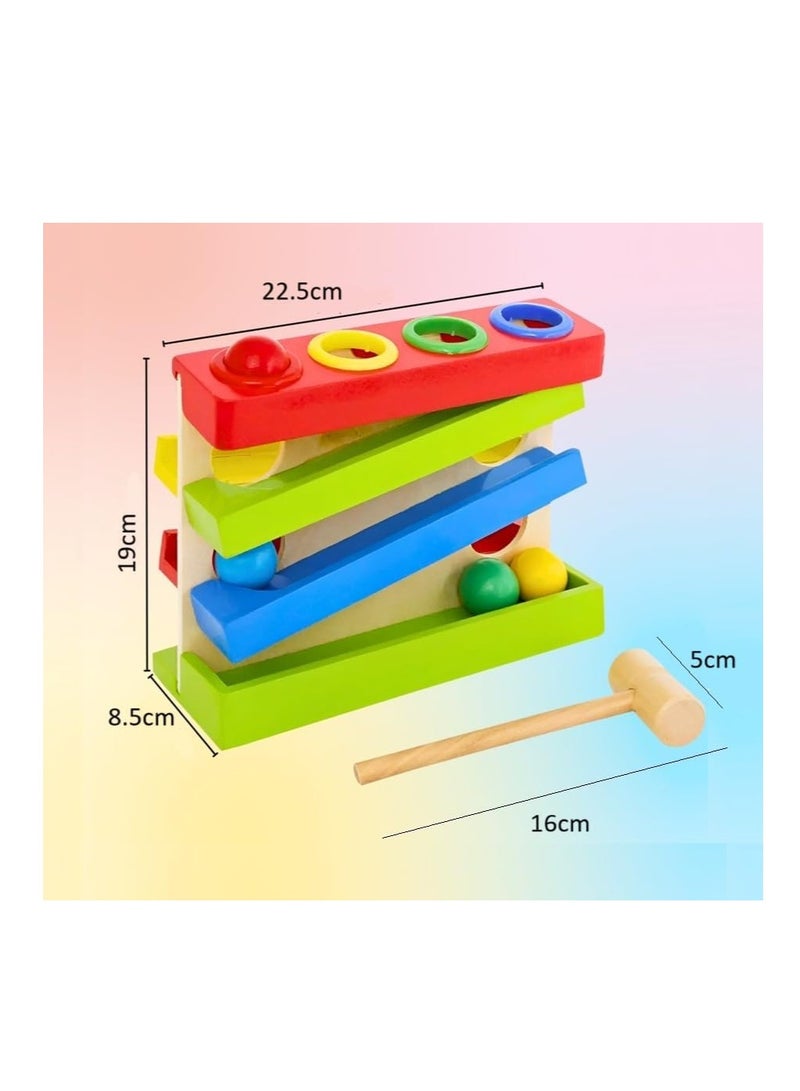 Four Play Station Wooden Four-Layer Sliding Design with 4 Balls and Hammer Rolling Ball Drop Early Development Exercise for Babies Toddlers - Image 3