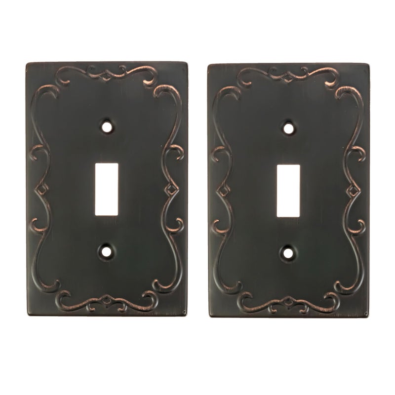 SleekLighting Wall plates Decorative Regal Scrollwork Oil Rubbed Bronze Electric Outlet and Switch Covers Style 1 Gang Toggle 2 Pack