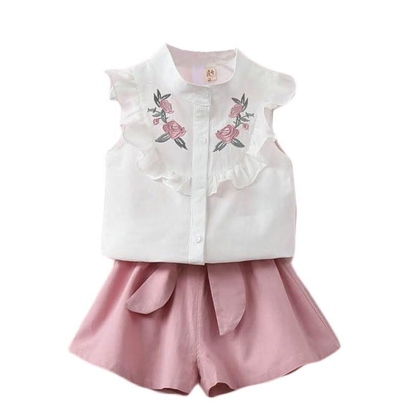 Bold N Elegant Floral Embroidered Cotton Sleeveless Ruffle Top and Shorts Clothing Set for Infant Toddler Baby Girl (White - Pink, 12 Months-18 Months) - Image 1