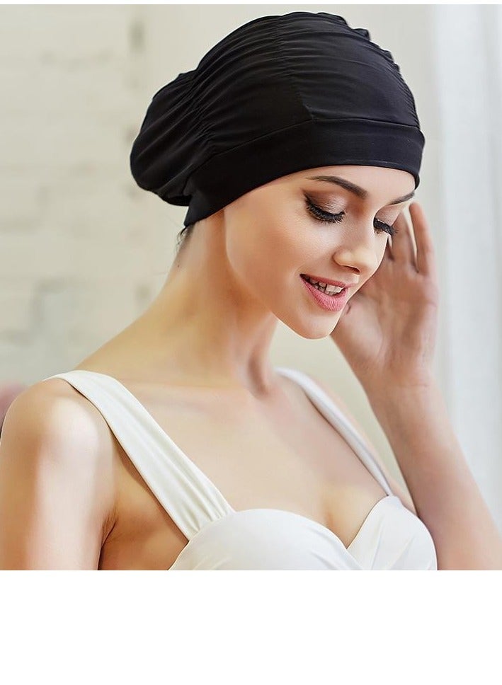 Generic Nylon Swimming Cap Pool Beach Hat Pleated Swim Cap for Long Hair Women(Black)  - Image 4