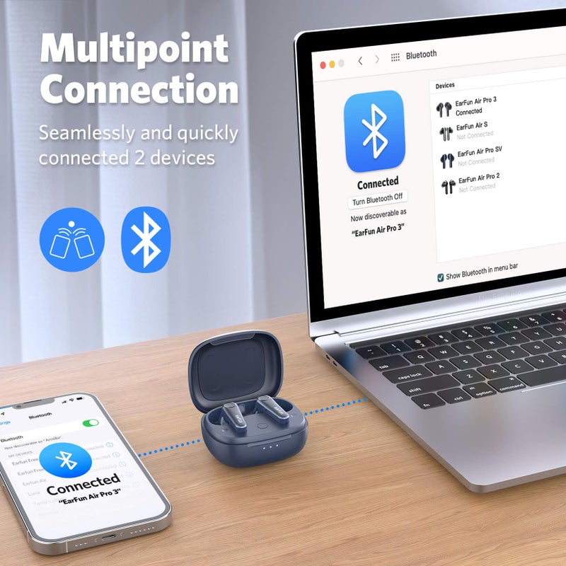EarFun سماعات أذن وايرلس إيرفن أير برو 3 مع خاصية إلغاء الضوضاء، صوت كوالكوم® aptX™ التكيفي، 6 ميكروفونات CVC 8.0 ENC، سماعات بلوتوث 5.3، اتصال متعدد النقاط، 45 ساعة من وقت التشغيل، تطبيق لتخصيص EQ، أزرق - Image 5