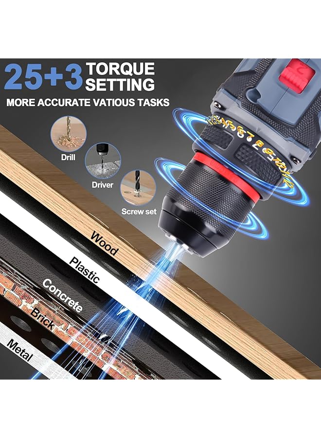 إيروريكس مجموعة مثقاب كهربائية بدون فرشاة 58 فولت مع بطاريتين وشاحن، 3 رؤوس مثقاب كهربائية مقاس 8 بوصات، 25 إعدادًا لعزم الدوران، 2 رؤوس مثقاب متغيرة السرعة مع ضوء LED، متضمنة - Image 2