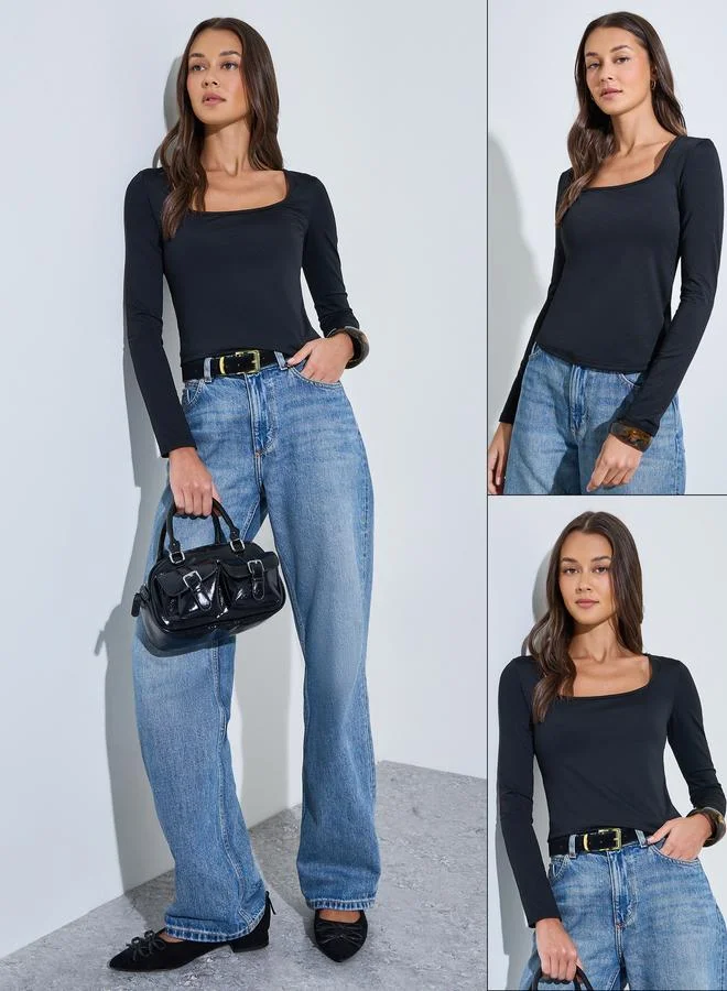 Styli Pack of 2 - Black Square Neck Long Sleeves Knit T-Shirt