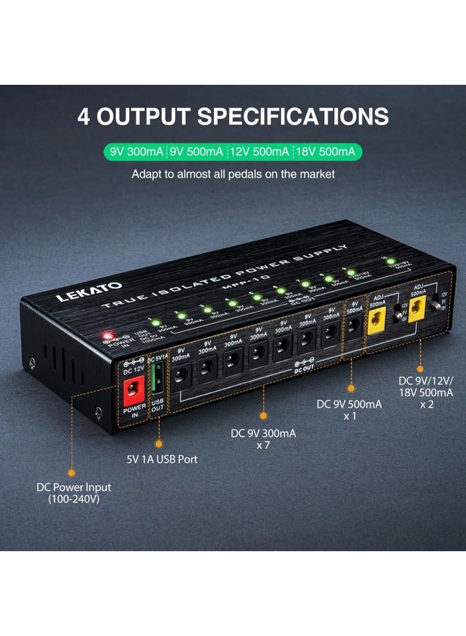 LEKATO Guitar Pedal Power Supply, True Isolated Pedal Power Supply with 10 Ports, USB Port, Short Circuit Protection, Guitar Pedal Power DC Output 9V 12V 18V for Effect Pedal - Image 4