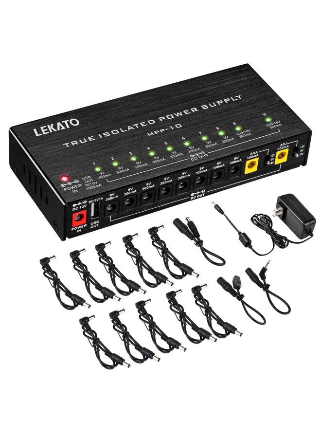 LEKATO Guitar Pedal Power Supply, True Isolated Pedal Power Supply with 10 Ports, USB Port, Short Circuit Protection, Guitar Pedal Power DC Output 9V 12V 18V for Effect Pedal - Image 1