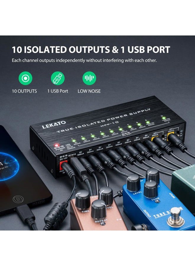 LEKATO Guitar Pedal Power Supply, True Isolated Pedal Power Supply with 10 Ports, USB Port, Short Circuit Protection, Guitar Pedal Power DC Output 9V 12V 18V for Effect Pedal - Image 2
