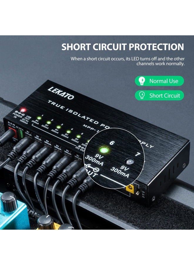 LEKATO Guitar Pedal Power Supply, True Isolated Pedal Power Supply with 10 Ports, USB Port, Short Circuit Protection, Guitar Pedal Power DC Output 9V 12V 18V for Effect Pedal - Image 3