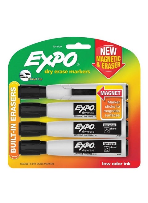 Magnetic Dry Erase Markers With Eraser Chisel Tip Black 4 Count