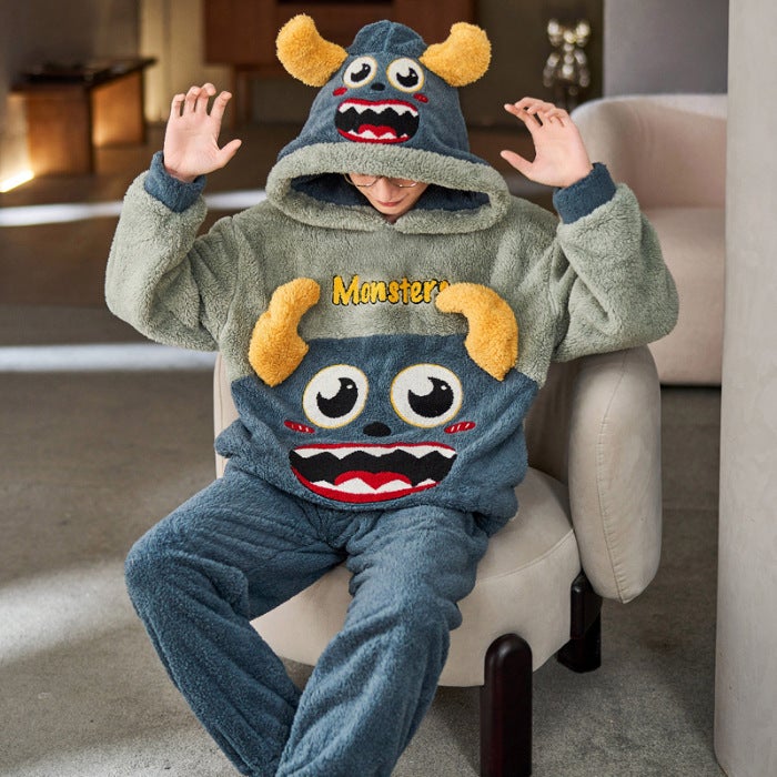 Coral Fleece Pajamas Men's Winter Hooded Fleece Plus Cartoon Cute Dinosaur Plus Size Teenager Home Suit - Image 1