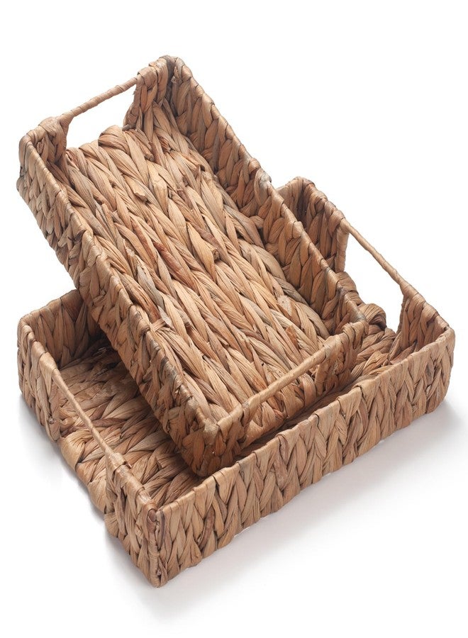 IVAILEX Water Hyacinth Rectangular Serving Tray for Coffee Table Natural Storage Baskets with Handles for Home and Kitchen Decor Set of 2 - Image 1