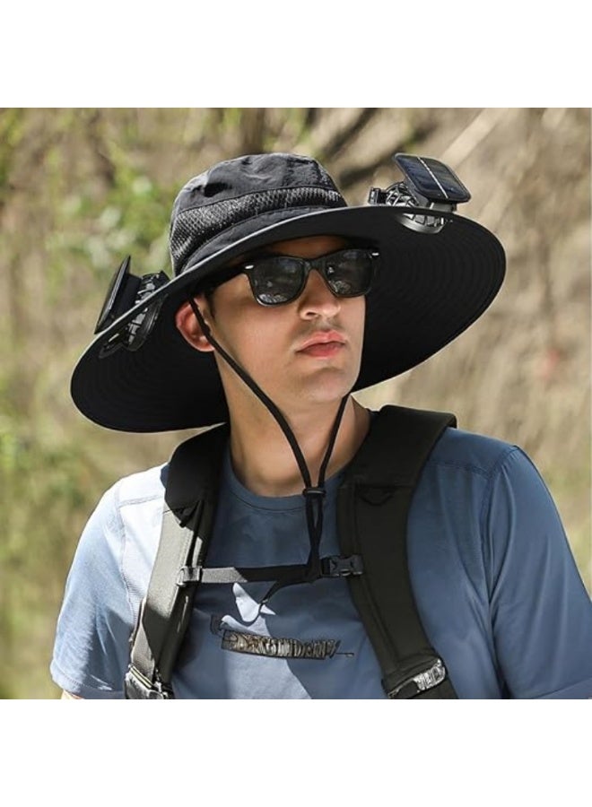 Generic Outdoor Wide Brim Sun Hat with 2 Solar Fans, Unisex Design, Sun-Protective Bucket Hat for Fishing and Beach Use, Built-in Fans (Solar + Battery Powered)  - Image 2