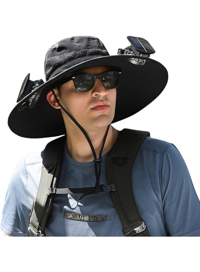 Generic Outdoor Wide Brim Sun Hat with 2 Solar Fans, Unisex Design, Sun-Protective Bucket Hat for Fishing and Beach Use, Built-in Fans (Solar + Battery Powered)  - Image 1