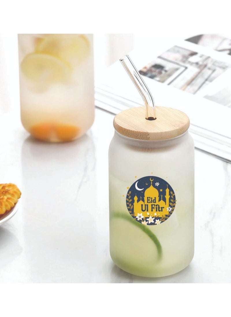 PRINTSHOP4ME Eid Mubarak Reusable Glass Bottle with Straw and Bamboo Lid 455 ml - Eid Gift for all Islamic - Celebrate Eid Mubarak with this Eco-Friendly Glass Bottle  - Image 2