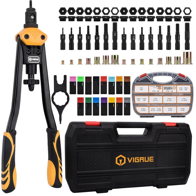 VIGRUE 16'' Rivet Nut Tool Kit Nutserts Rivnut Hand Tool Set with 15PCS Metric & SAE Mandrels and 300PCS Rivet Nuts Assortment - Image 1
